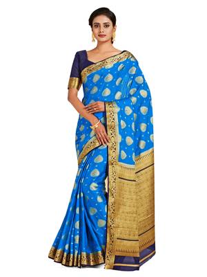 blue hand woven crepe saree with blouse 1