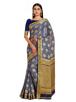 grey hand woven crepe saree with blouse 1