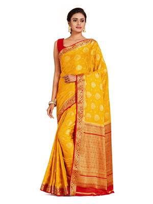 mustard hand woven crepe saree with blouse 1