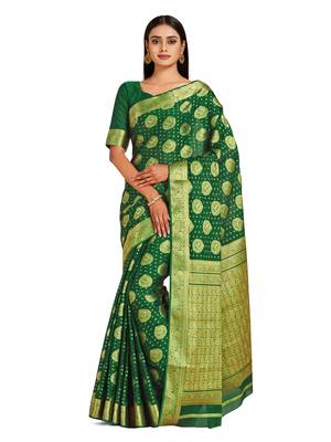 green hand woven crepe saree with blouse 1