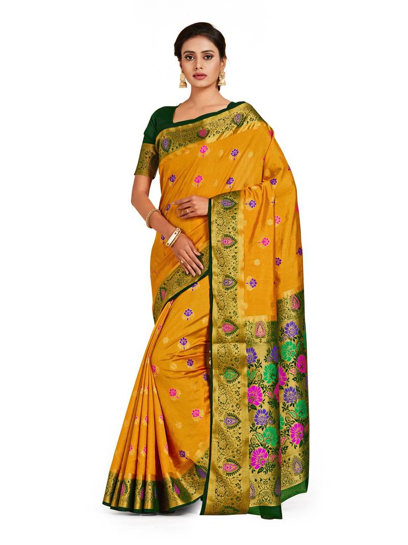 mustard hand woven art silk saree with blouse