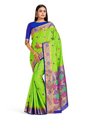 green hand woven art silk saree with blouse 1