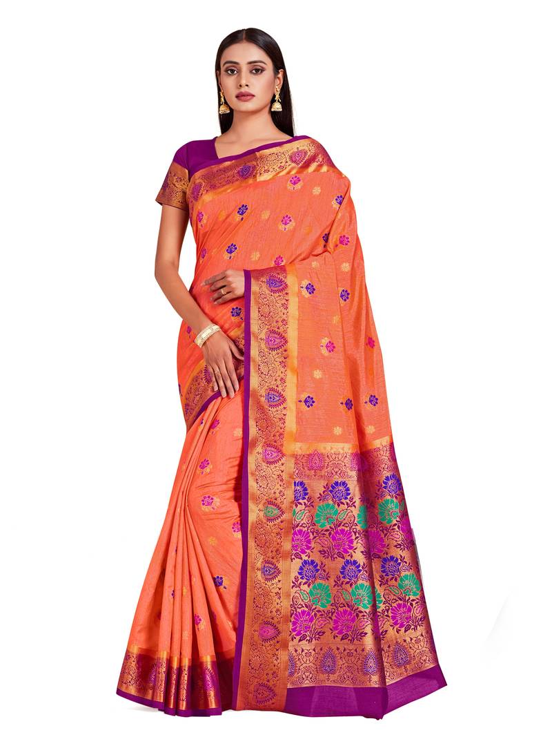 orange hand woven art silk saree with blouse