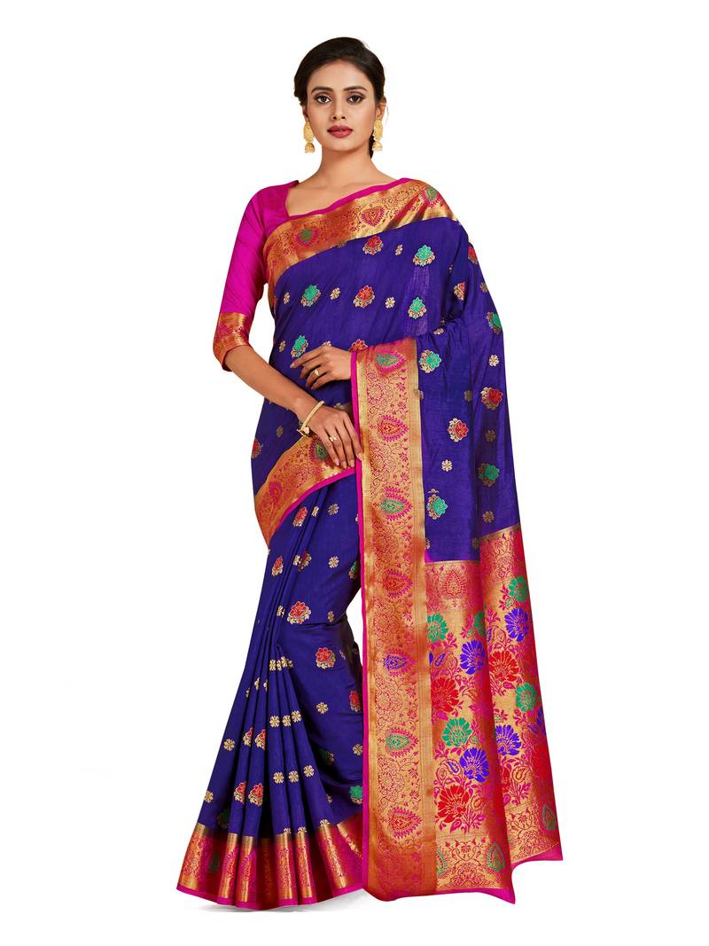 blue hand woven art silk saree with blouse