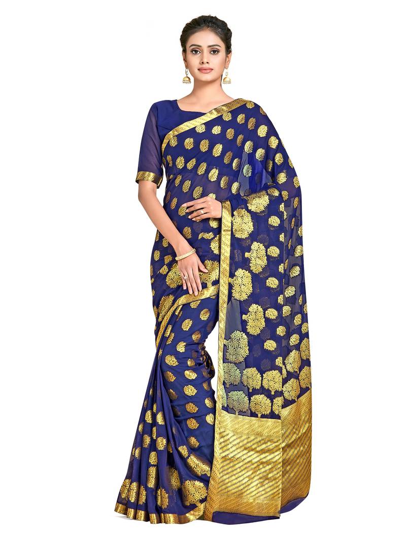 blue hand woven chiffon saree with blouse