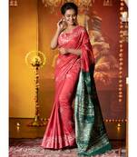 Coral With Green  Batik Printed Slub Linen Saree
