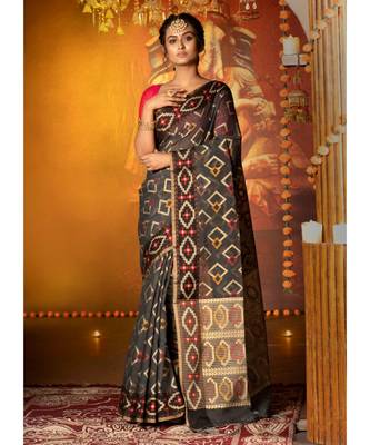 Black Khadi Chanderi Silk Saree With Multi Color Geometric Motifs 1
