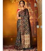 Black Khadi Chanderi Silk Saree With Multi Color Geometric Motifs