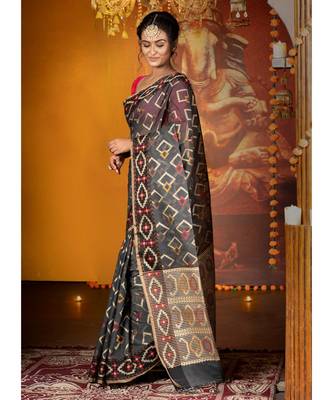 Black Khadi Chanderi Silk Saree With Multi Color Geometric Motifs 2