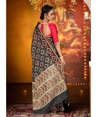 Black Khadi Chanderi Silk Saree With Multi Color Geometric Motifs 3