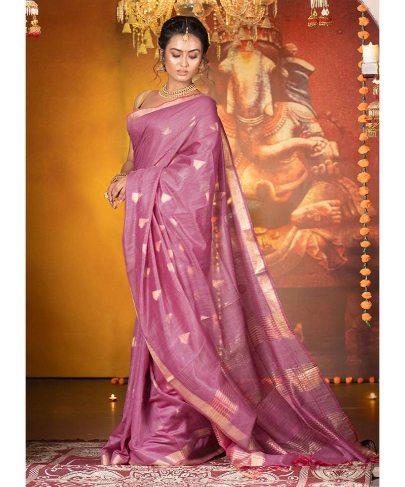 Vintage Pink Banswara Silk Saree With Temple Motifs