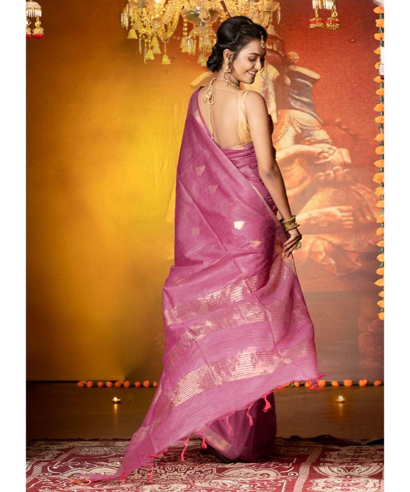 Vintage Pink Banswara Silk Saree With Temple Motifs