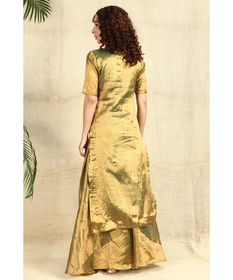 Golden Kurti and Skirt paired with Velvet Green Dupatta