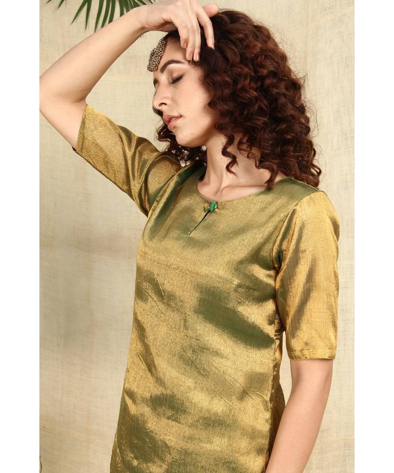 Golden Kurti and Skirt paired with Velvet Green Dupatta