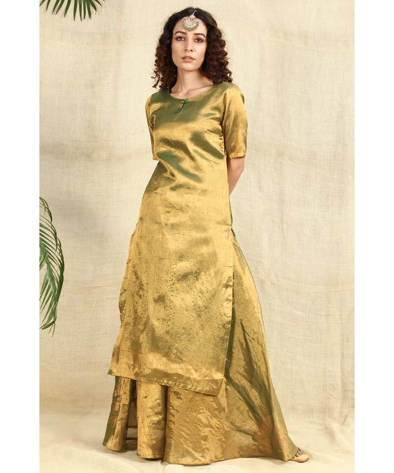 Golden Kurti and Skirt paired with Velvet Green Dupatta