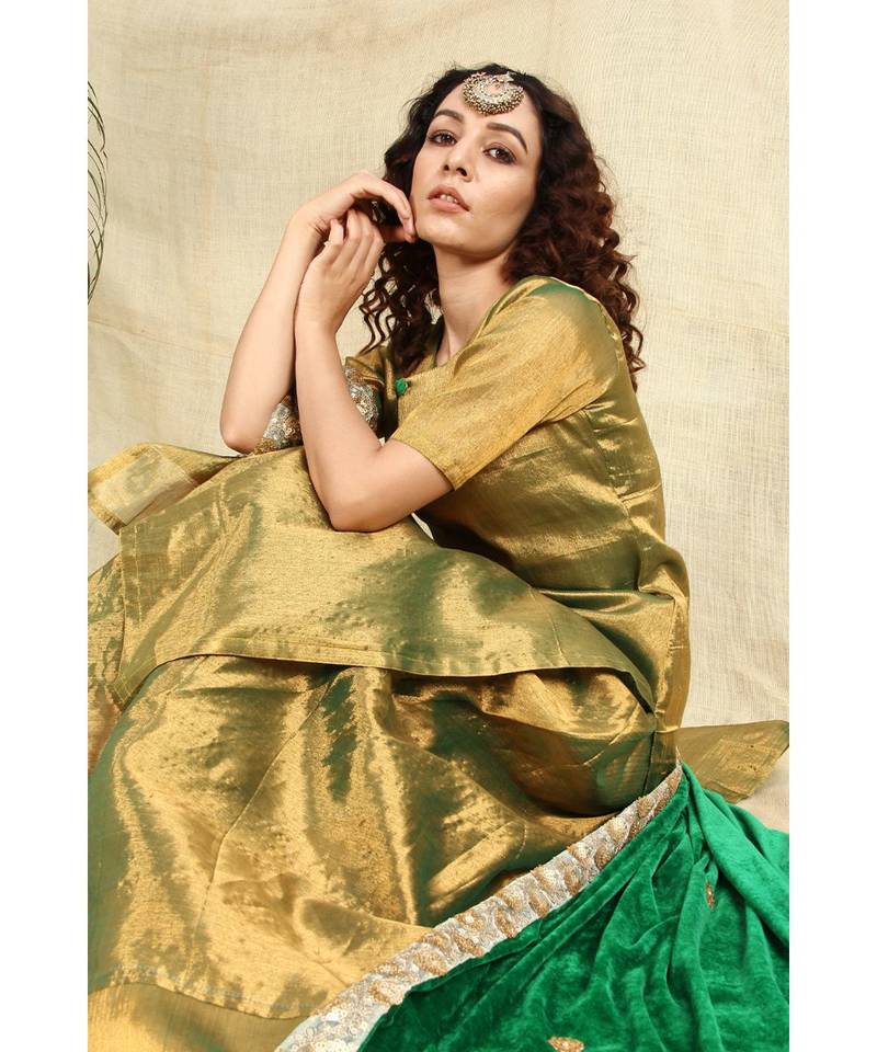 Golden Kurti and Skirt paired with Velvet Green Dupatta