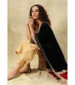 Beige Art Silk Kurti with Mukaish Work paired with Trousers and velvet black/red dupatta