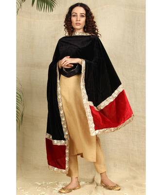 Beige Art Silk Kurti with Mukaish Work paired with Trousers and velvet black/red dupatta 5