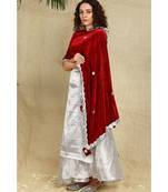 Red velvet duppatta with beautiful laces all over and pillow tassels