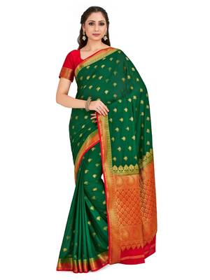 green hand woven crepe saree with blouse 1