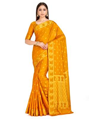 mustard hand woven crepe saree with blouse 1