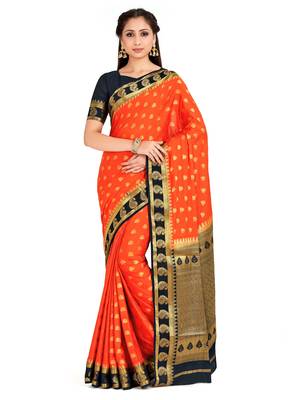 orange hand woven crepe saree with blouse 1