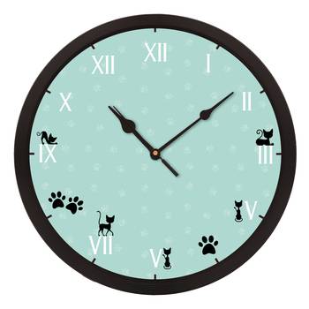 eCraftIndia "Numbers With Cats" Designer Round Analog Black Wall Clock 1