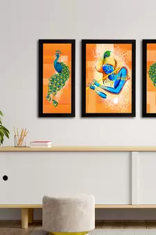 eCraftIndia Set of 3 Lord Krishna Satin Matt Texture UV Art Painting