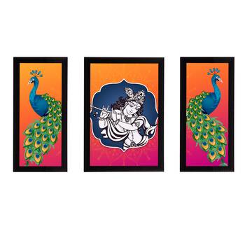 eCraftIndia Set of 3 Lord Krishna Satin Matt Texture UV Art Painting 1
