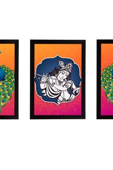 eCraftIndia Set of 3 Lord Krishna Satin Matt Texture UV Art Painting