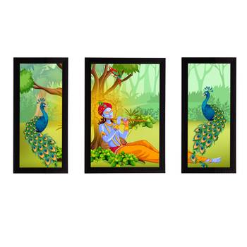eCraftIndia Set of 3 Lord Krishna Satin Matt Texture UV Art Painting 1