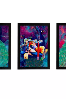 eCraftIndia Set of 3 Lord Krishna Satin Matt Texture UV Art Painting