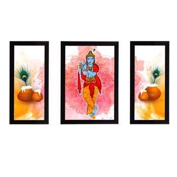 eCraftIndia Set of 3 Lord Krishna Satin Matt Texture UV Art Painting 1