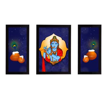 eCraftIndia Set of 3 Lord Krishna Satin Matt Texture UV Art Painting 1