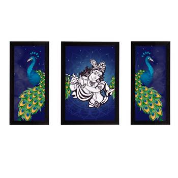 eCraftIndia Set of 3 Lord Krishna Satin Matt Texture UV Art Painting 1