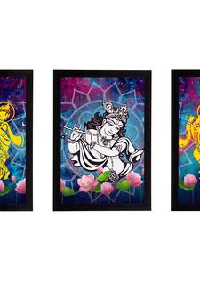 eCraftIndia Set of 3 Lord Krishna Satin Matt Texture UV Art Painting