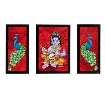 eCraftIndia Set of 3 Lord Krishna Satin Matt Texture UV Art Painting 1