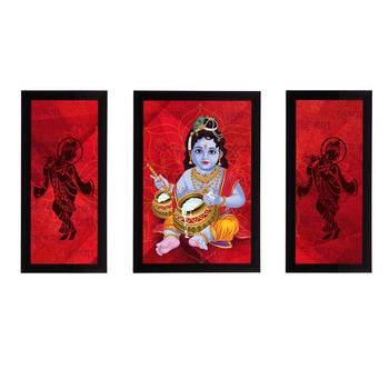 eCraftIndia Set of 3 Lord Krishna Satin Matt Texture UV Art Painting 1