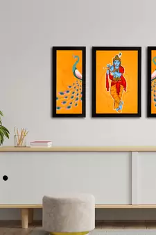 eCraftIndia Set of 3 Lord Krishna Satin Matt Texture UV Art Painting