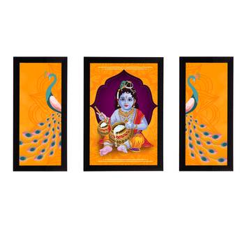 eCraftIndia Set of 3 Lord Krishna Satin Matt Texture UV Art Painting 1
