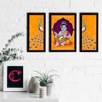 eCraftIndia Set of 3 Lord Krishna Satin Matt Texture UV Art Painting 2