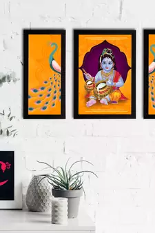 eCraftIndia Set of 3 Lord Krishna Satin Matt Texture UV Art Painting
