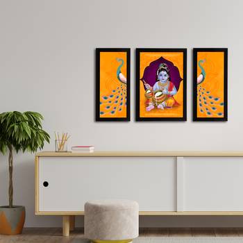 eCraftIndia Set of 3 Lord Krishna Satin Matt Texture UV Art Painting 3