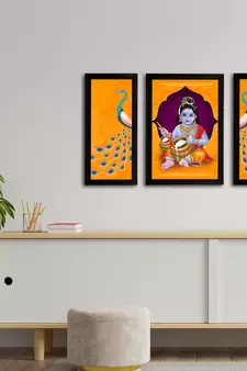 eCraftIndia Set of 3 Lord Krishna Satin Matt Texture UV Art Painting