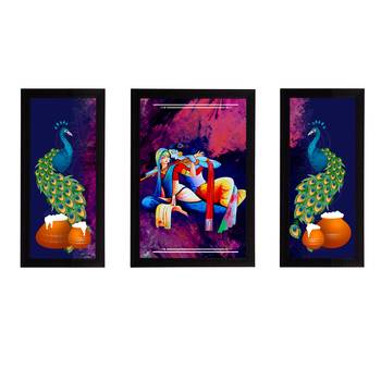 eCraftIndia Set of 3 Lord Krishna Satin Matt Texture UV Art Painting 1