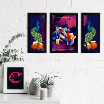 eCraftIndia Set of 3 Lord Krishna Satin Matt Texture UV Art Painting 2