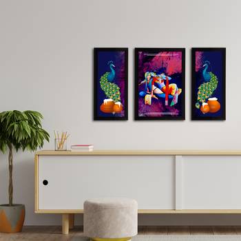 eCraftIndia Set of 3 Lord Krishna Satin Matt Texture UV Art Painting 3