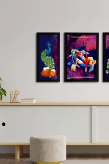 eCraftIndia Set of 3 Lord Krishna Satin Matt Texture UV Art Painting