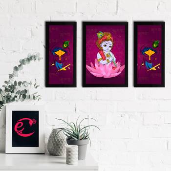 eCraftIndia Set of 3 Lord Krishna Satin Matt Texture UV Art Painting 2