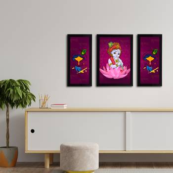 eCraftIndia Set of 3 Lord Krishna Satin Matt Texture UV Art Painting 3